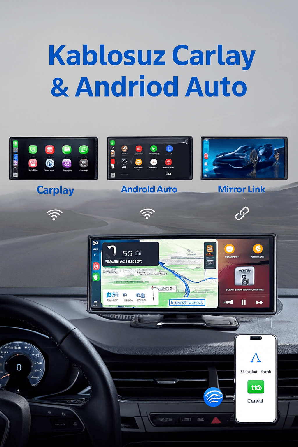 Universal 7/10 İnç Kablosuz Carplay ve Android Auto Ekranı - Tamekipman