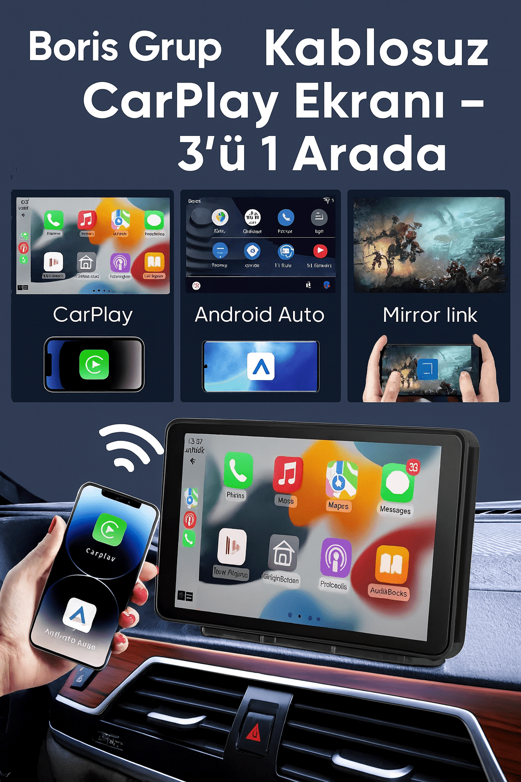 Universal 7/10 İnç Kablosuz Carplay ve Android Auto Ekranı - Tamekipman